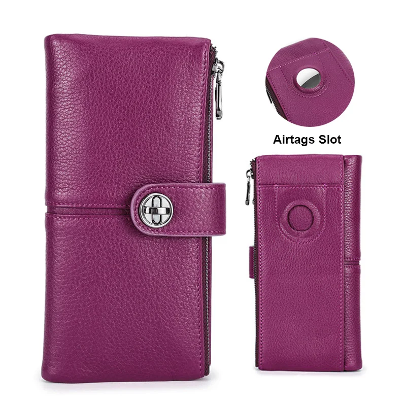 New Women Long Clutch Wallets Luxury Genuine Leather Airtag Wallet RFID Zipper Purse Anti-lost Lady ID Credit Card Bag Phone Bag