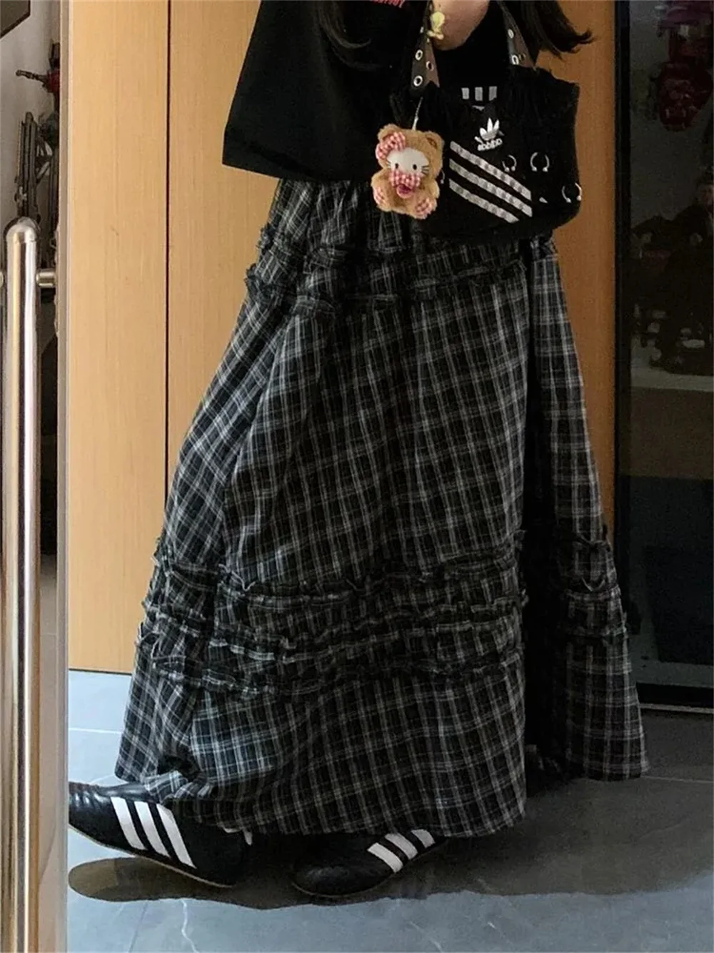 

Vintage Plaid Print Ruffled Long Skirts Women High Waisted A-line Retro Loose Spring Summer New Ruffled Design Casual Y2k Skirts