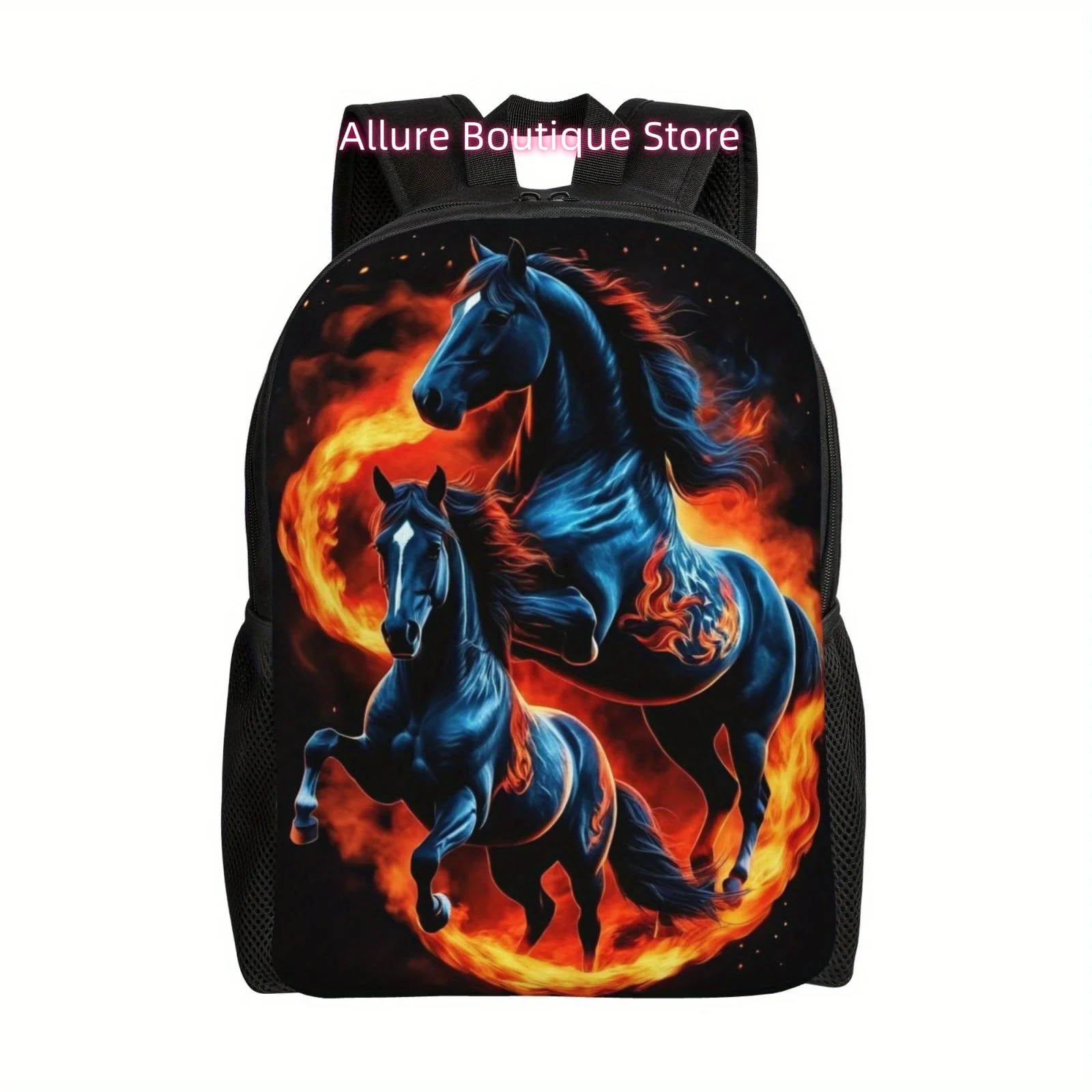 Flame Horse Print Backpack, Polyester Lightweight Laptop Bag with Large Capacity, Ergonomic Travel Shoulder Bags for College, Hi