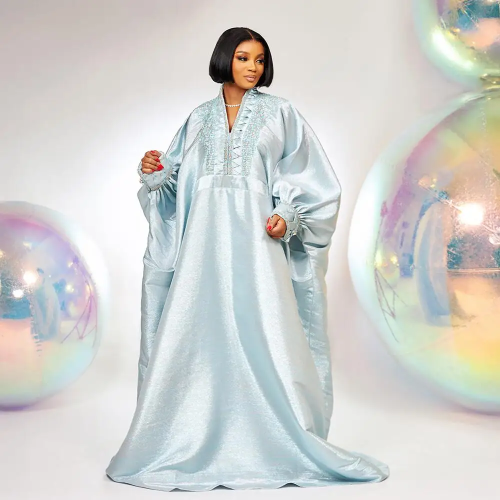 エレガンスアフリカンドレス女性のための高級高品質ジャカード生地 boubou アフリカファムベルト付き