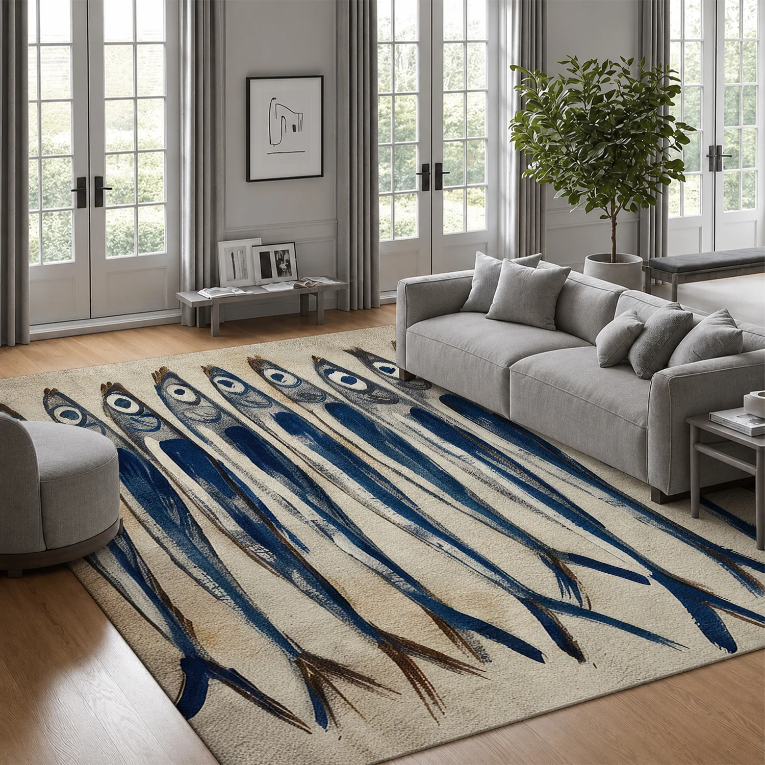 Large Indoor Area Rug, Soft Velvet Low Pile with Non-Slip Dotted Backing, Machine Washable Coastal Blue Sardine Fish Pattern Rug for Living Room, Bedroom, Entryway