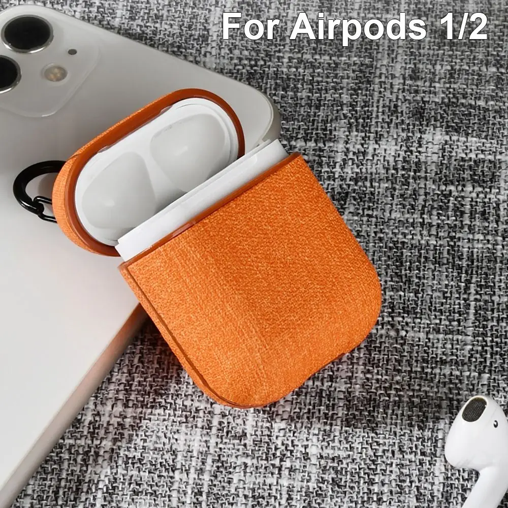 Estojo de fone de ouvido com textura de linho, anti-queda, à prova de poeira, caixa de carregamento, cor sólida com mosquetão para airpods 1/2