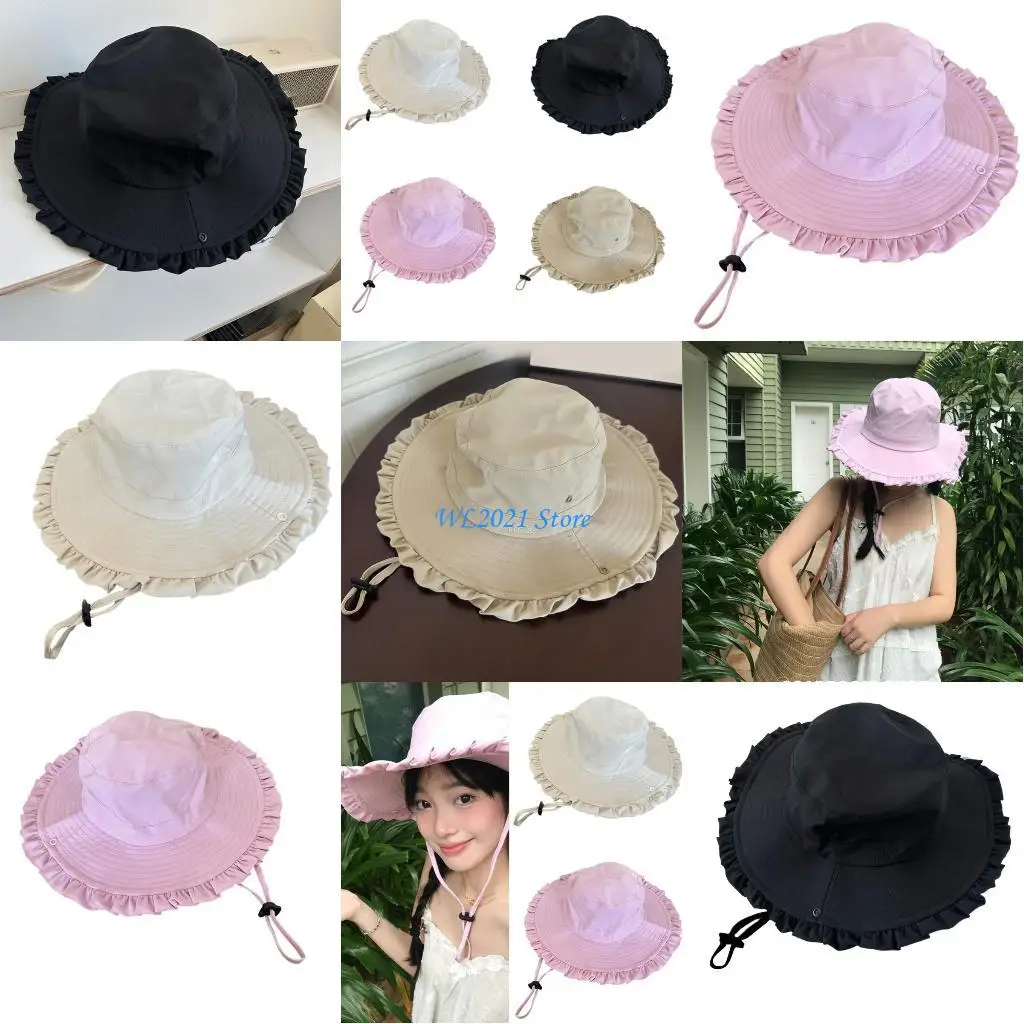 

G5GC Ruffle Brim Sun Hat Breathable Floppy Hat Sunproof Fisherman Hat Women Adjust Thin Sport Hat Fast Drying Fishing Hat