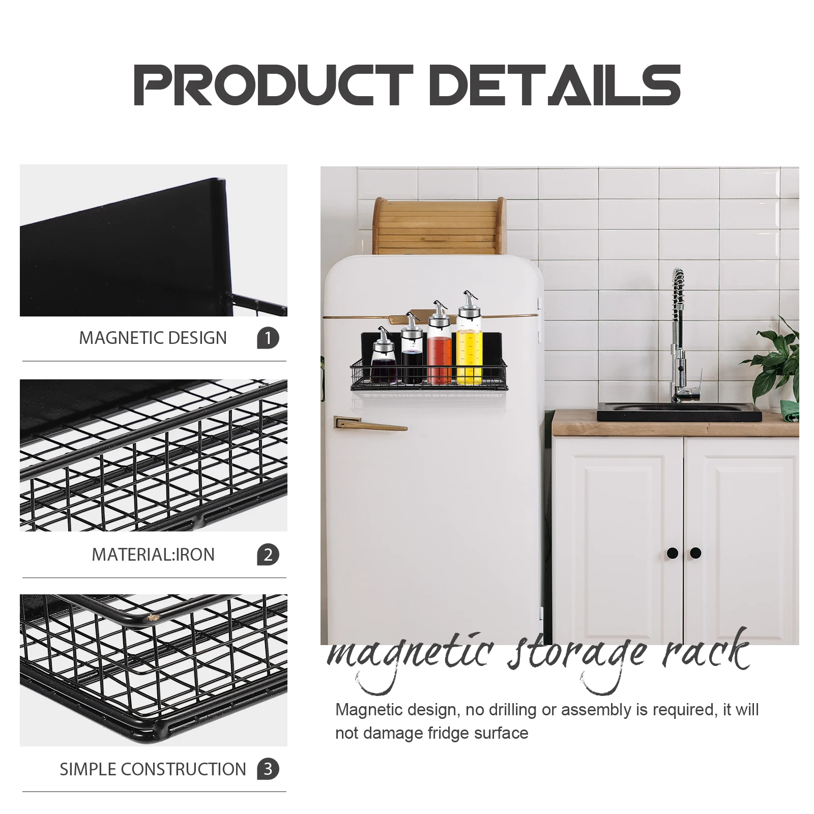 

Magnetic Spice Organizer Fridge Storage Rack No Drilling Premium Material Freezer Door Holder Cabinet Surface Easy