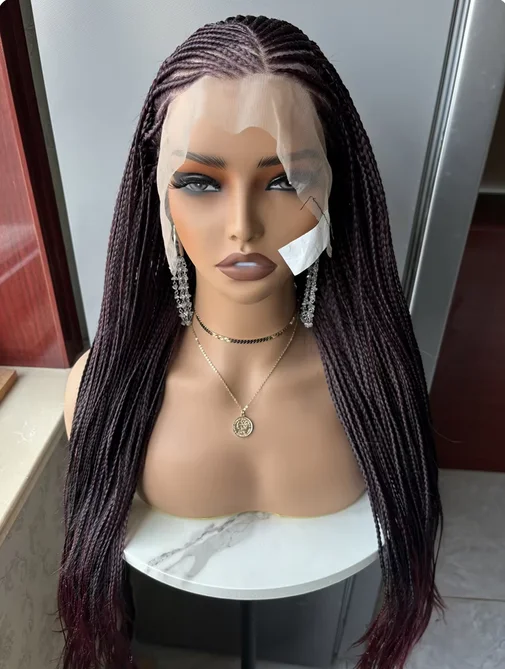 Dark 99J Synthetic Full Lace Braided Wig Crochet Braid Lace Frontal Wig Wine Color Knotless Box Braids Wig for Black Women