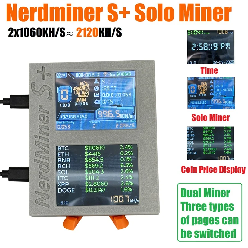 أنيق-Nerdminer S + Solo Miner شاشات مزدوجة 2X1060KH/S التعدين/الوقت/العملة المعدنية عرض BTC Crypto Miner + حامل ثلاثي الأبعاد