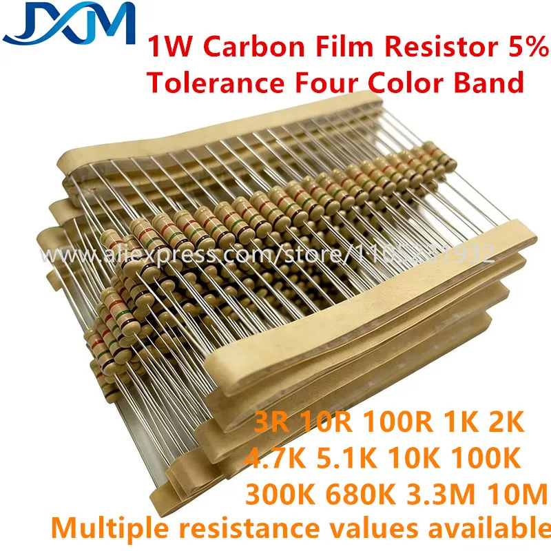100PCS 1W Carbon Film 5% Color Ring Resistors 3R 10R 100R 1K 2K 4.7 5.1K 10K 100K 300K 680K 1M 3.3M 10M