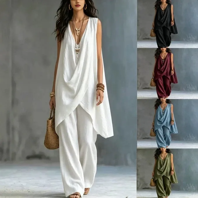 

Women's 2-piece Set Summer Suit Casual Tops Sleeveless V Neck Blouse Cotton Linen Solid Color Shirt Black White Burgundy