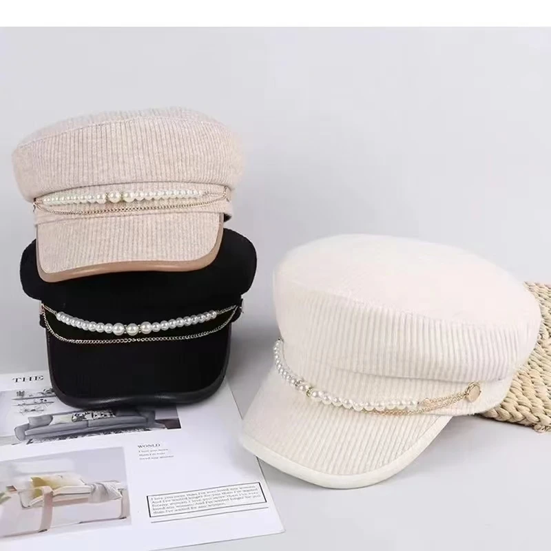 new fashion pearl chain navy hat woman beret autumn and winter painter hat