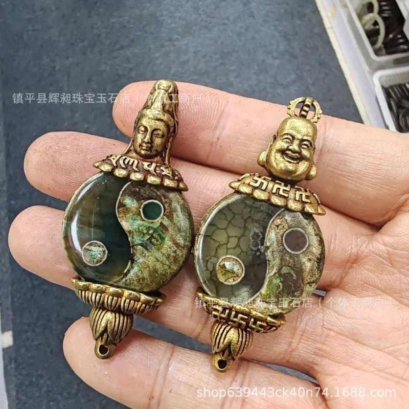 Brass Vajra Pendant with Tibetan Eight-Trigram Dzi Bead diyNepalese vintage Tibetan-style cultural item, 