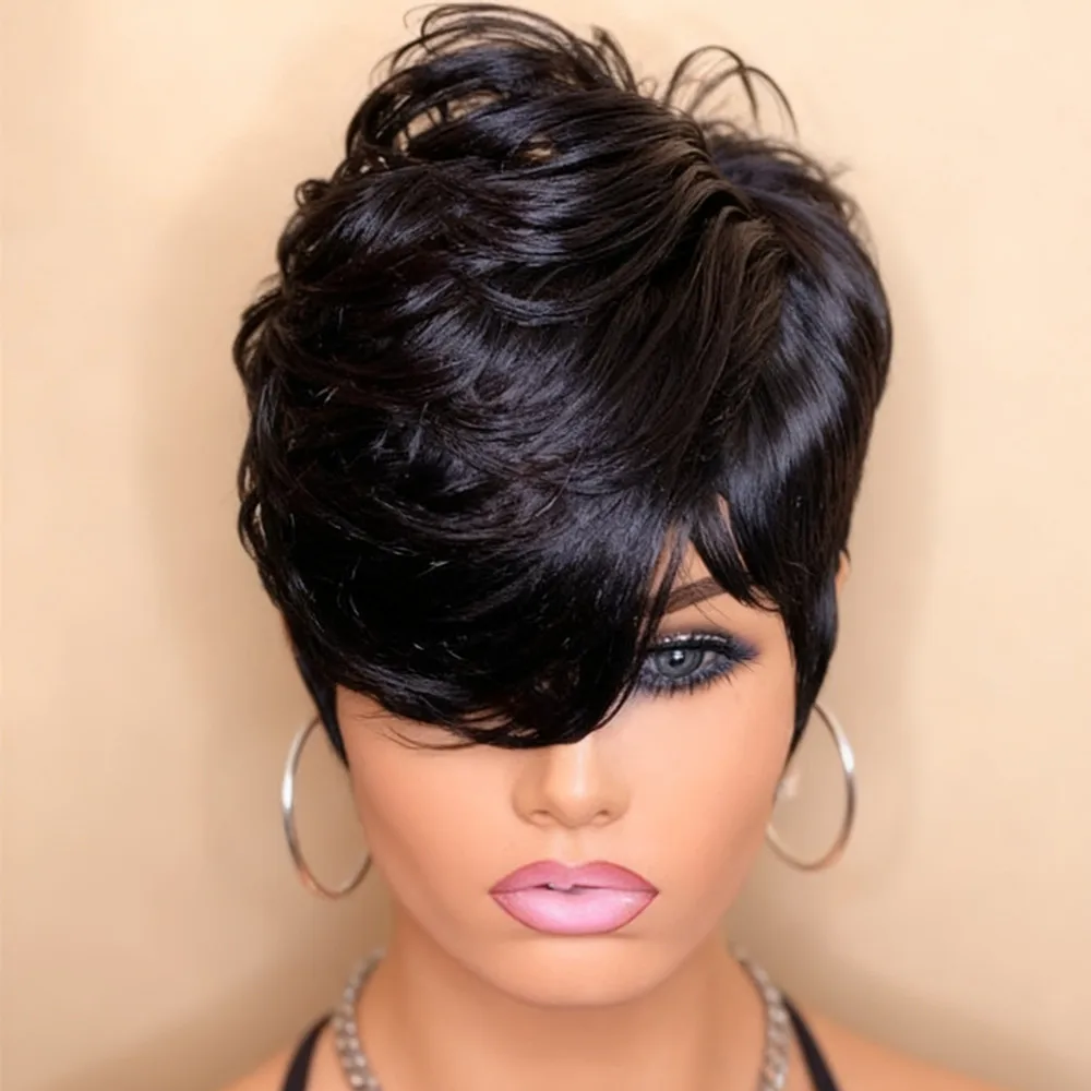 

6-дюймовые короткие прямые парики из натуральных волос для женщин, плотность 150%, машинная стрижка, парик натурального черного цвета