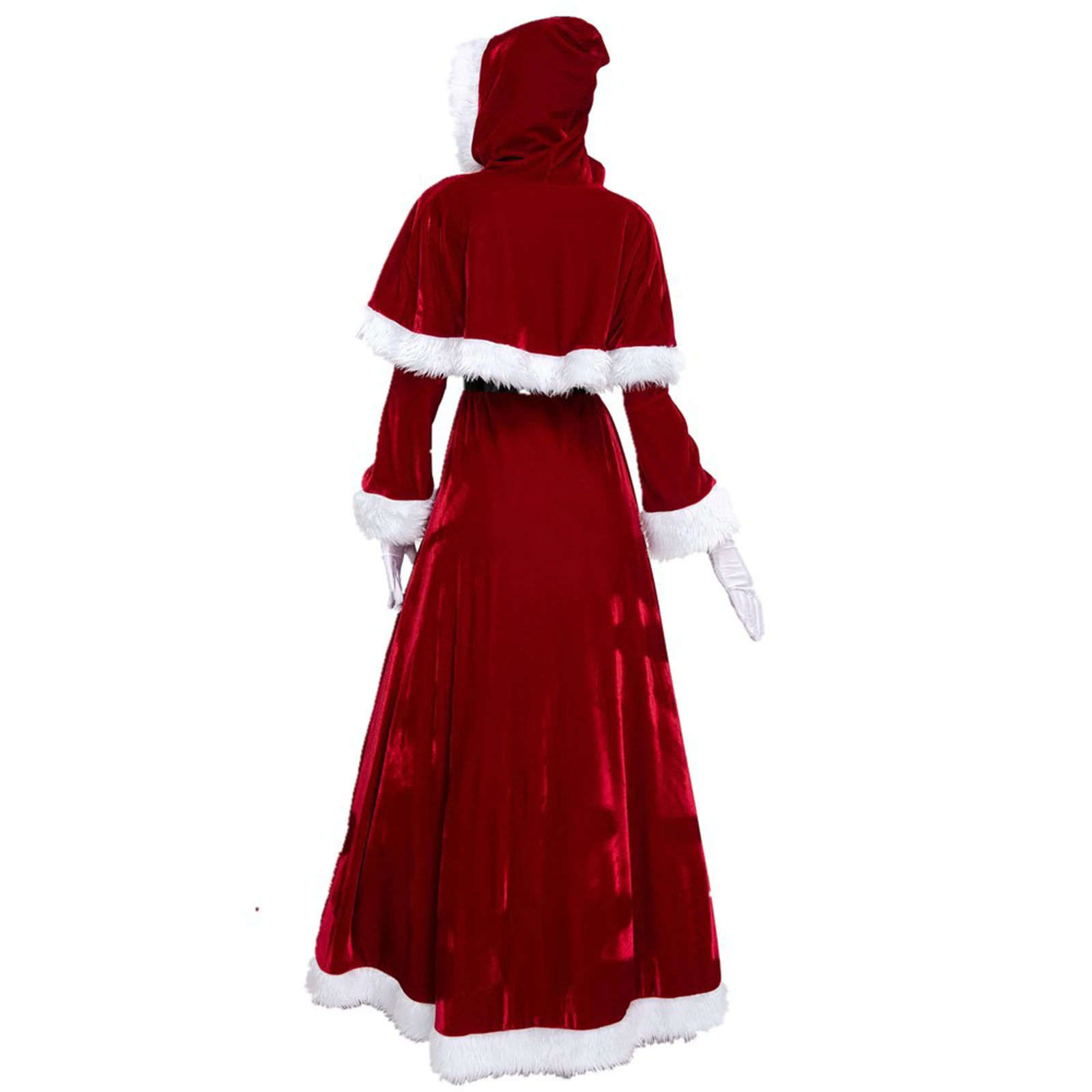 Womens Mrs Clause Costume Christmas Dress Santa Suits White Trim Velvet Maxi Dress with Belt Gloves Hooded Cape for Theme Party