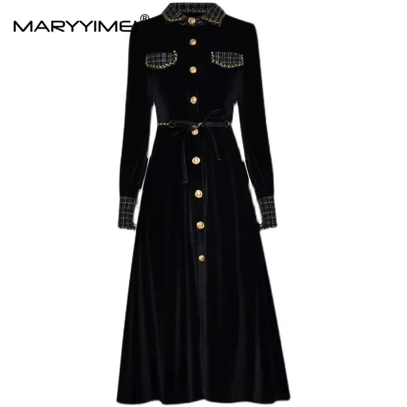 

MARYYIMEI Autumn Winter Designer Women dress Turn down Collar Long sleeved Single breasted Lace up velvet Warm Commuter Dresses
