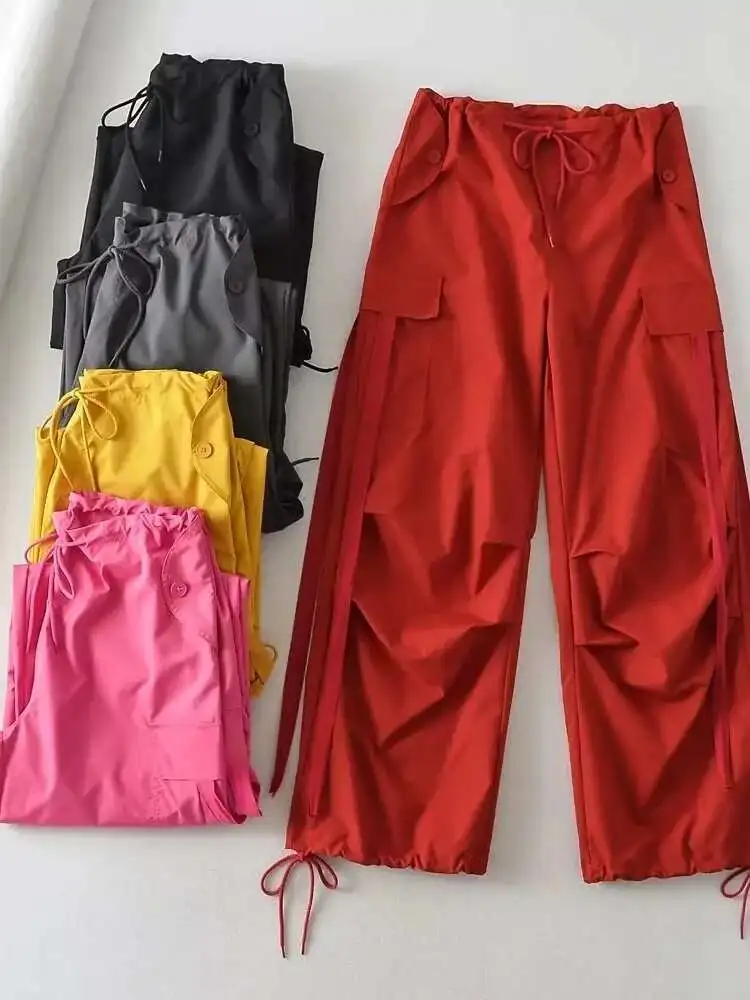 อเมริกันต่ําเอวหลวม Overalls ส่วนบุคคล Multi Slit กระเป๋ายืดหยุ่น Bound ฟุตเต้นรําสบายๆกางเกง Wei กางเกง 6ZTM