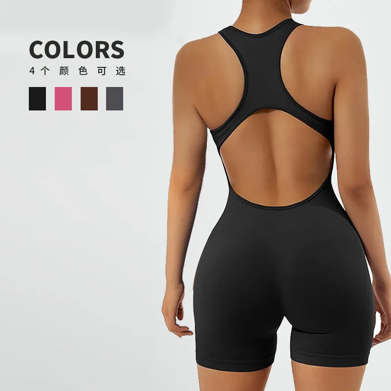 Women Seamless Hollow Out Back Yoga Bodysuit Beauty Back Hip Lifting One Piece Sports Workout Training Jumpsuit