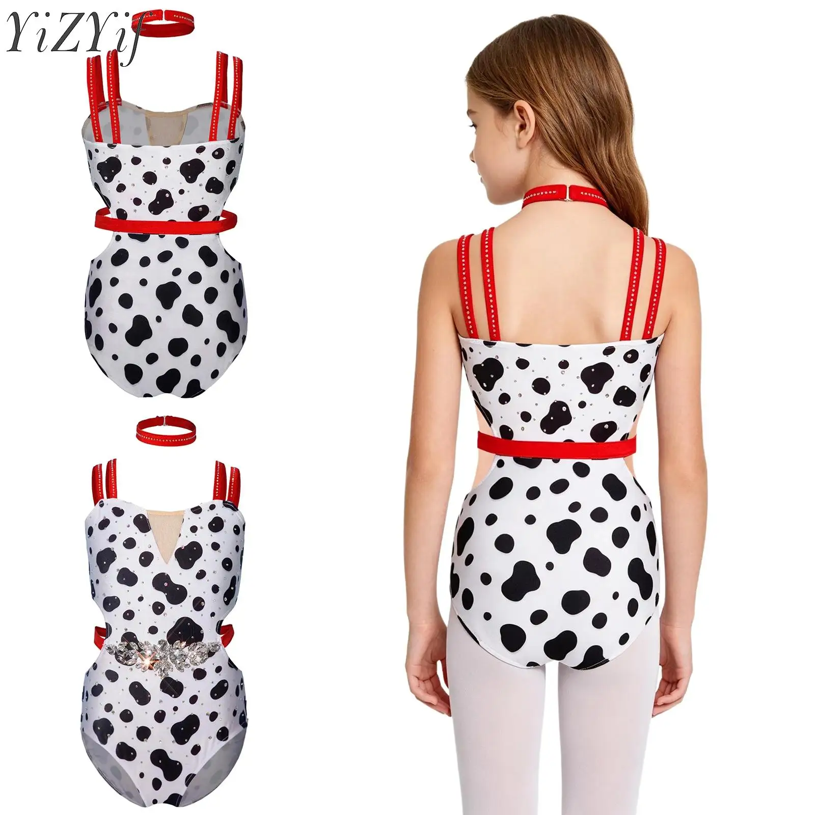 Kids Girls Dalmatian Cosplay Costumes Sparkly Rhinestones Sleeveless Double Straps Deign Waist Cutout Leotard for Carnival Party