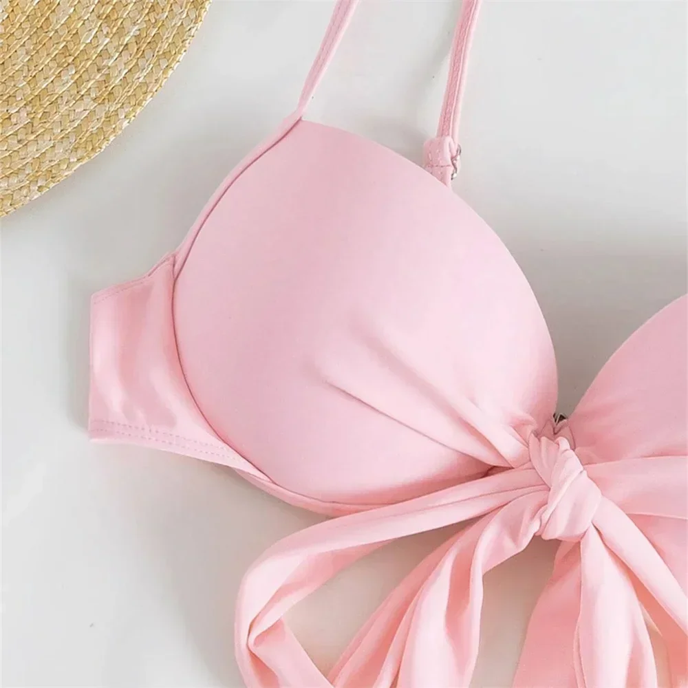 Cute Pink Ruched Swimwear Push Up Bandage Bikini Thong Pleated Swimsuit 3 Piece Women\'s Skirt Beach Outfits Bikinis Bathing Suit