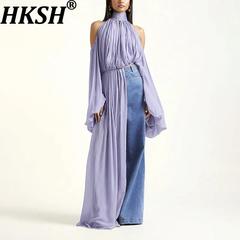 

Женская шикарная рубашка HKSH с открытыми плечами, однотонная, асимметричная, плиссированная, с оригинальным дизайном, элегантная, высококачественная, городская, повседневная, летняя, HK21907