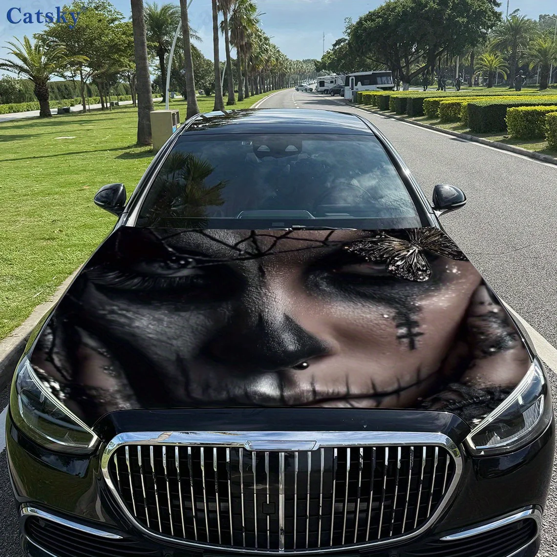 Skeleton Element Gothic Female Car Hood Vinyl Sticker Wrap Film Engine Cover Decals Sticker Universal Car Hood Protective Film,C