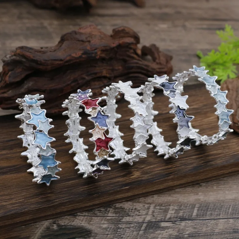 

Bohemian Enamel Bangle Bracelet Irregular Star Elastic Bracelet Silver Plated Open Cuff Bracelet Jewelry Gift For Women