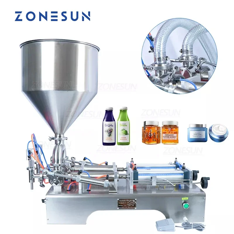 

ZONESUN ZS-GY2 Semi-automatic Double Nozzles Liquid Paste Filling Machine Cream Honey Beverage Juice Pneumatic Oil Bottle Filler