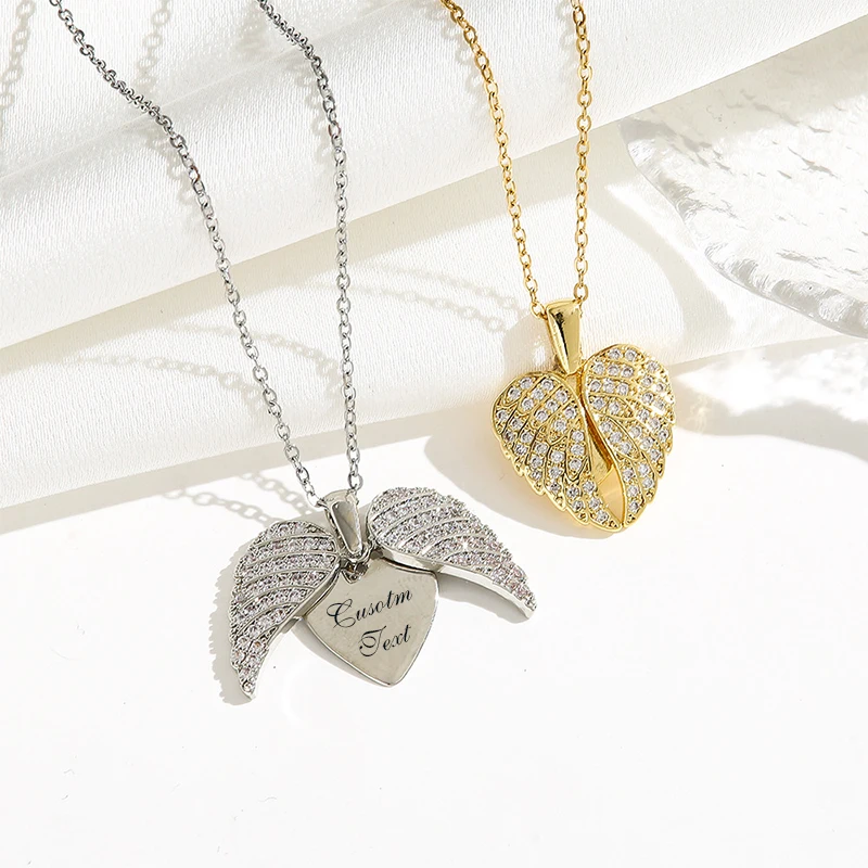 

Custom Text Angel Wings Locket Necklace for Women Angel Wing Heart Pendant Necklace for Her engrave word Jewelry Memorial Gifts