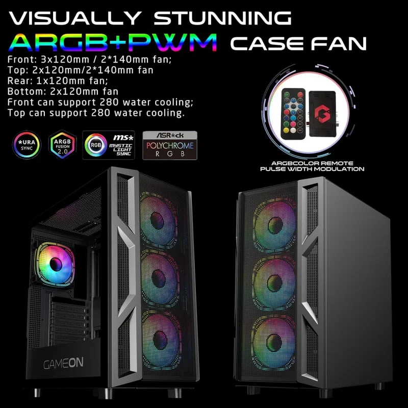 حافظة كمبيوتر للألعاب – دعم ATX/M-ATX/ITX، زجاج مقسى، إضاءة ARGB+PWM، 4 مراوح مثبتة مسبقًا، جاهزة لتبريد المياه 280 مم - Bla