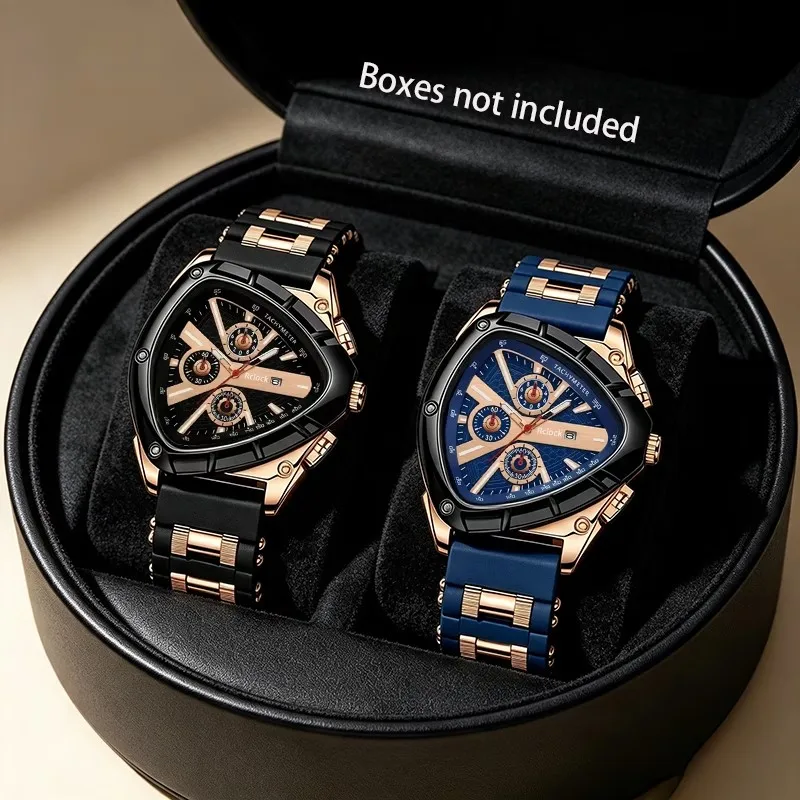 2Psc Men's Unique Triangular Dial Watch, Luxury Men's Quartz Watch, Trendy Retro Style Men's Watch, Silicone Strap, Fashionable Men's Business Watch, Holiday Birthday Gift