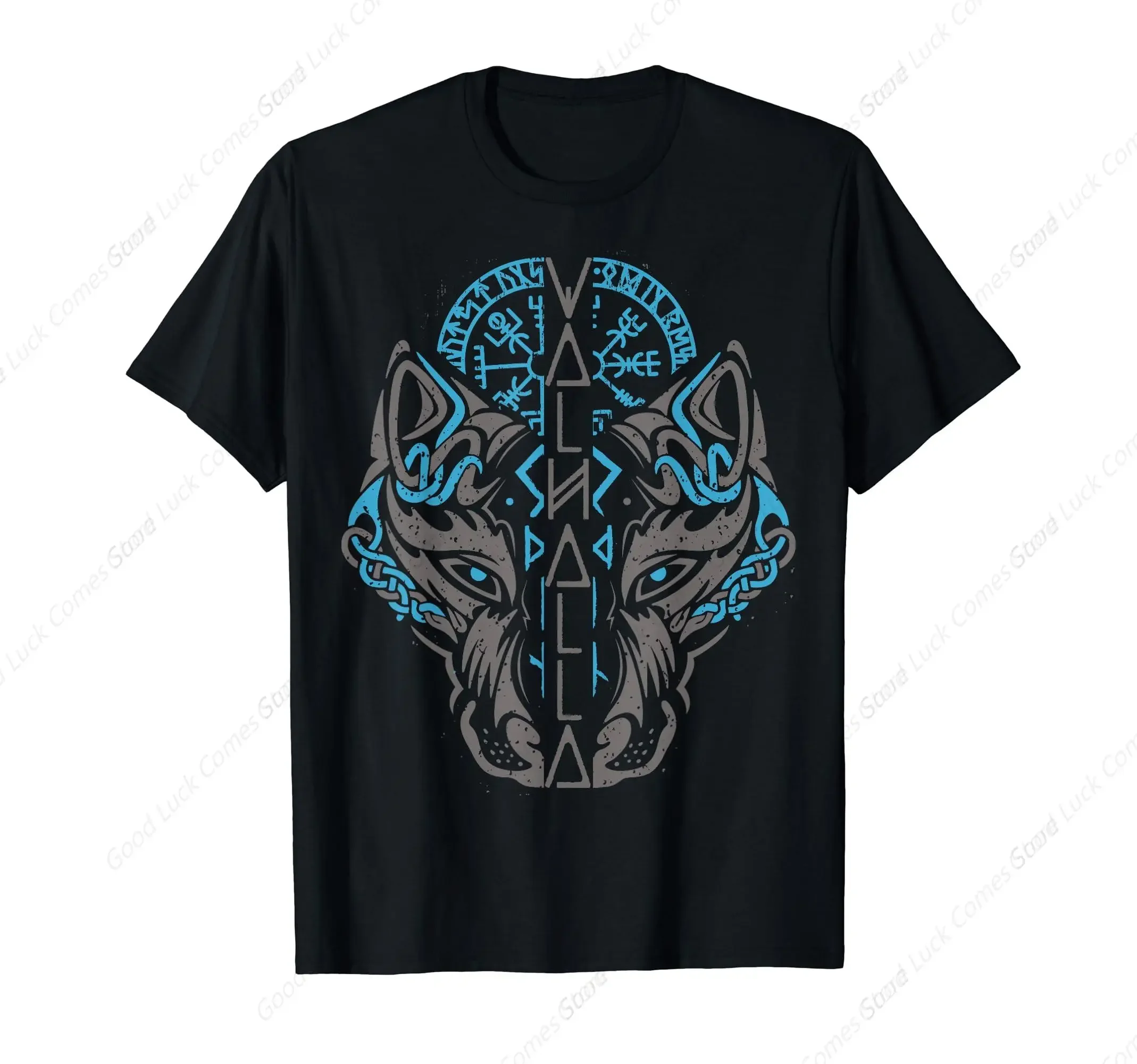 

Wolf Mask Runes Compass Graphic T-Shirt Men Short Sleeve Cotton Tee