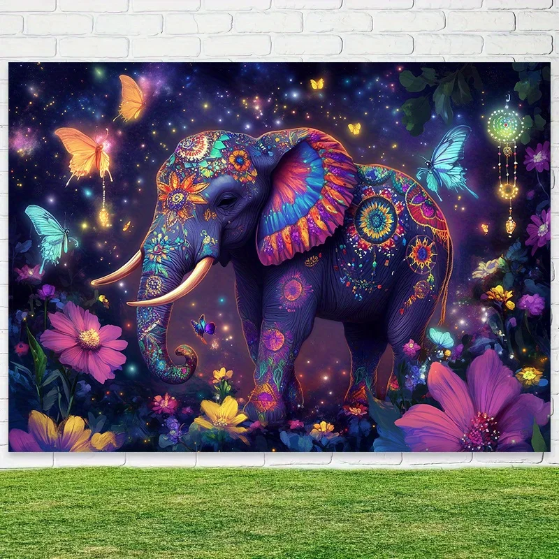 1pc Psychedelic Elephant Galaxy Stars Butterflies 2D Flat Tapestry Backdrop For Bedroom Decor Trippy Art Wall Hanging Poster