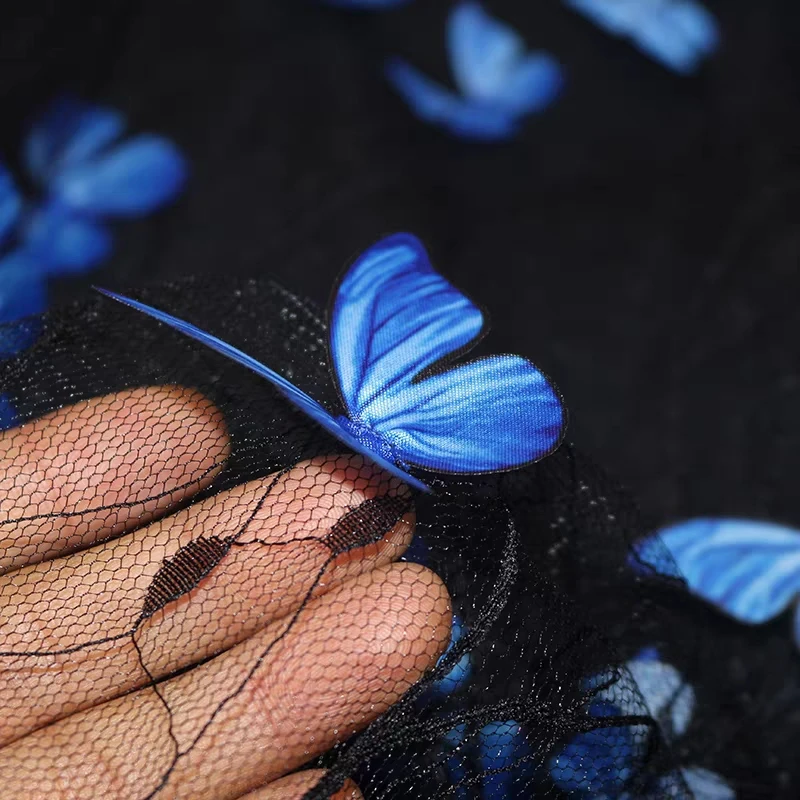 Lolita Black Transparent Blue 3D Butterfly Embroidered Lace Mesh Cloth Transparent Wedding Dress Designer Fabric DIY Handmade