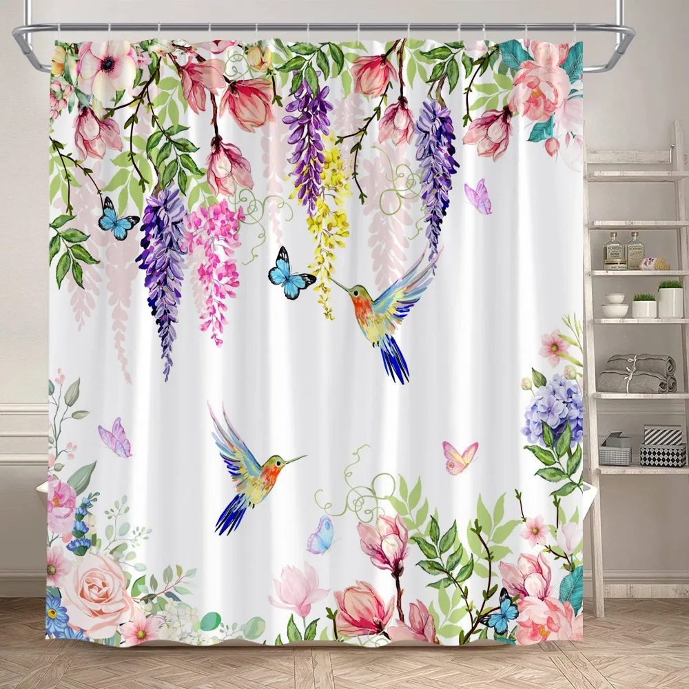 

Spring Floral Shower Curtain Hummingbird Butterfly Pink Rose Purple Flowers Plant Watercolour Art Fabric Decor Bathroom Curtains