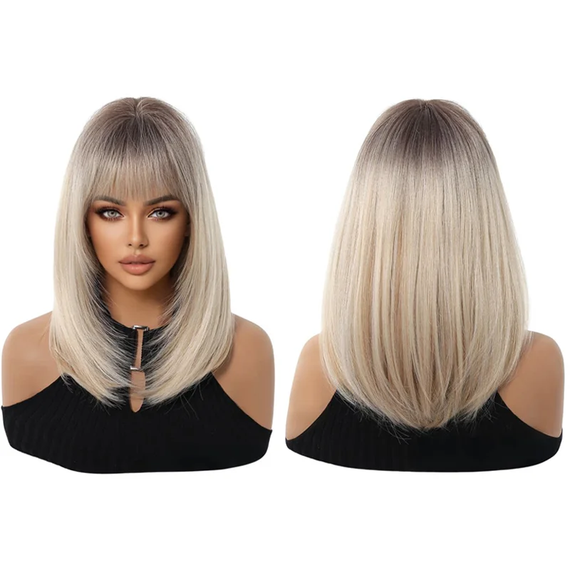 

Ash Blonde Ombre Bob Wig For White Women Dark Roots Short Straight Synthetic Wig with Bangs Natural Hairline Glueless Daily Wig