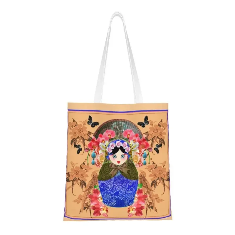 Russian Matryoshka Doll Groceries Shopping Bag Fashion Printing Canvas Shopper Tote Shoulder Bag Babushka Pattern Handbag