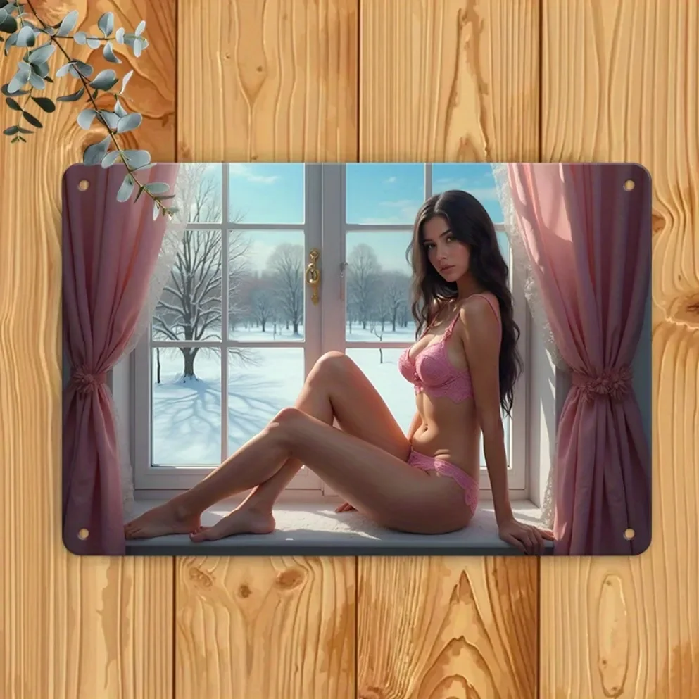 Vintage Iron Wall Art Bikini Lady on Windowsill Home Decor Waterproof