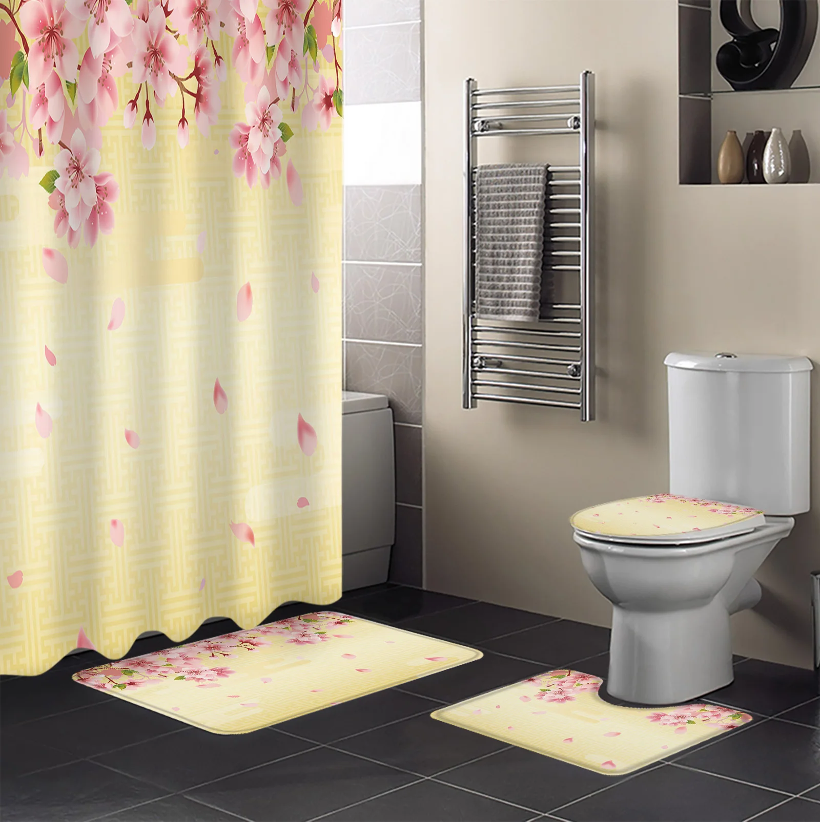 Japanese Style Sakura Texture Shower Curtain Set Non-Slip Rugs Bath Mat Toilet Lid Cover Waterproof Polyester Bathroom Curtain