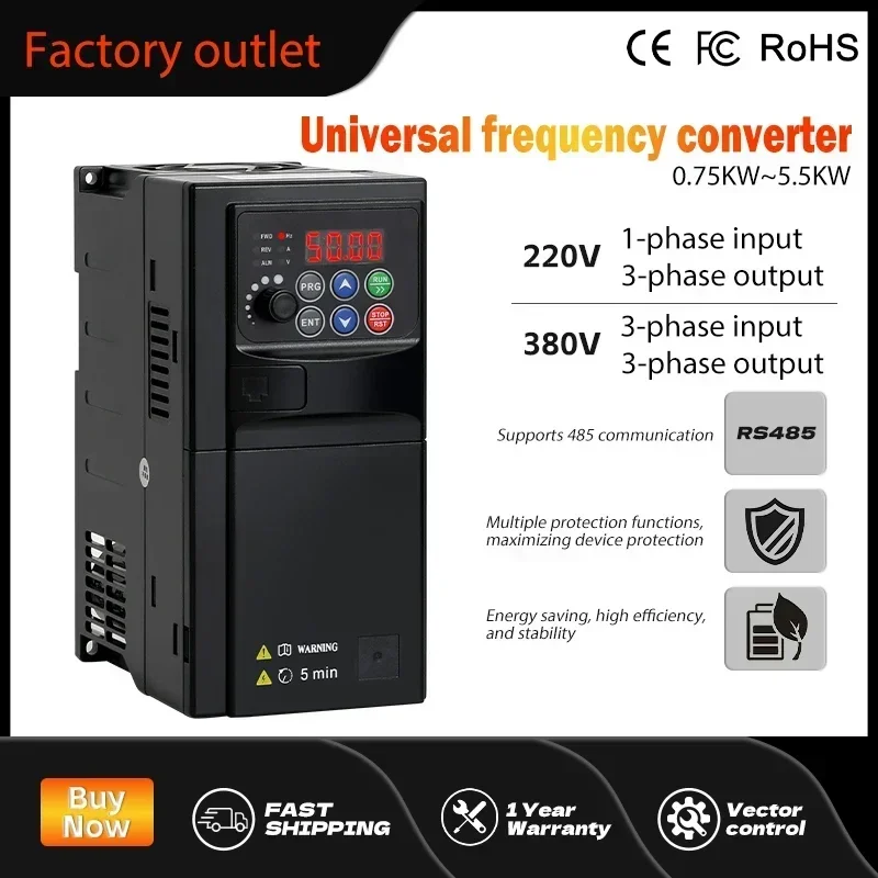 Input 220V to Output 380V VFD Variable Frequency Drive Converter Inverter 0.75/1.5/2.2/3.7/4/5.5 KW Motor Speed Controller