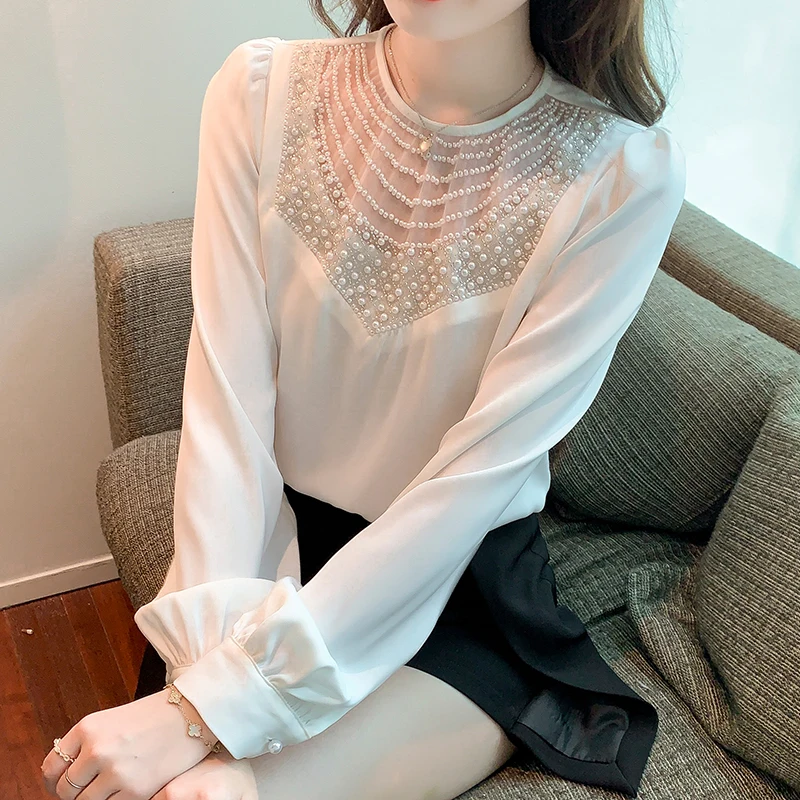 

QOERLIN Autumn Satin Shirts Tops Sequins O Neck Long Sleeve Blouse 2024 New Elegant Loose Casual Elegant Shirts S-XXL White Red