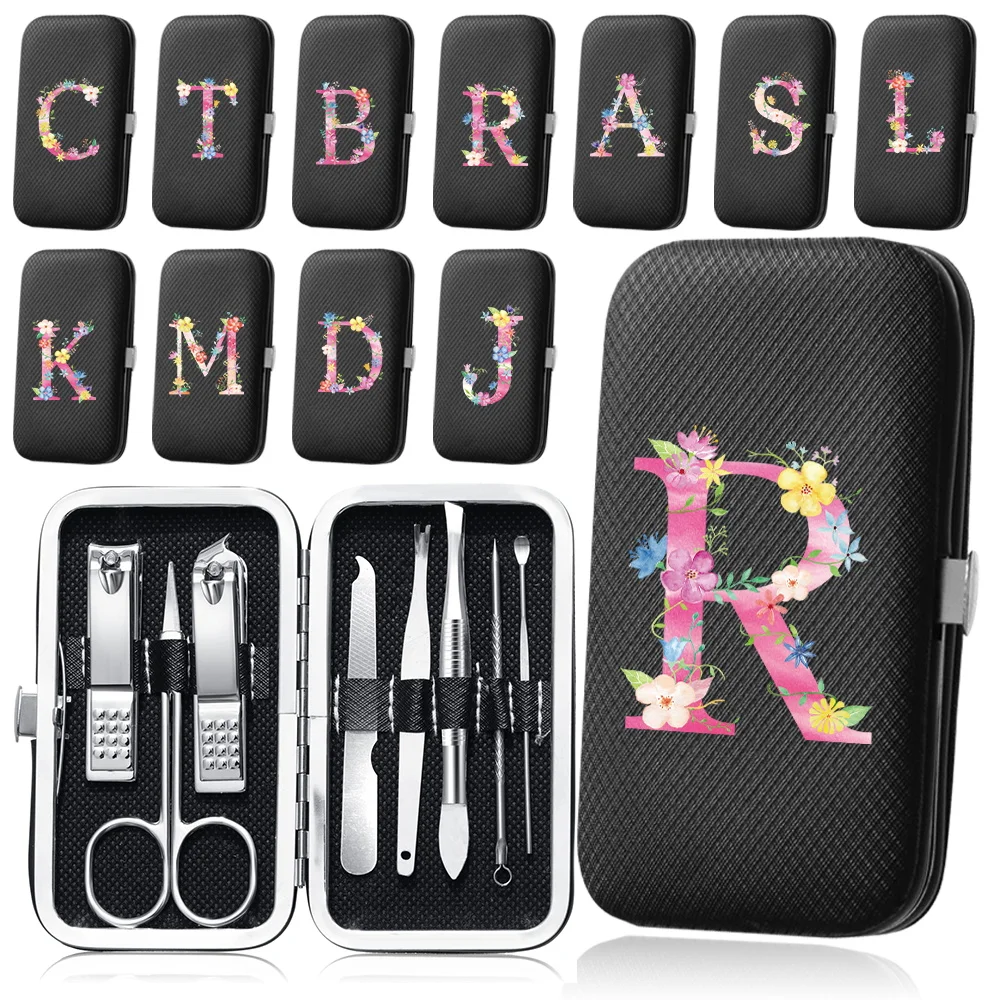 

8Pcs Pocket Manicure Cutters Set Stainless Steel Pedicure Tools Nail Clippers Kit Portable Beauty Organizer Pink Letter Pattern