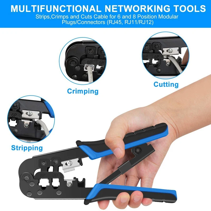 Network Cable Tester RJ45 Crimp Tool Kit Cat5 Cat5e Ethernet Crimping Tool, RJ-11, 6P/RJ-12 Crimp, Cut And Strip Tool