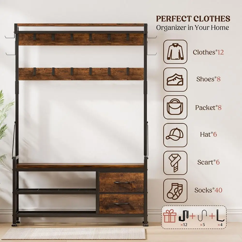 Coat Rack, 39.4” Hall Tree with Shoe Storage Bench, Rustic Brown | 5 in 1 Entryway urniture Organizer, 21 Hooks, 2 abric Ders, H view 3
