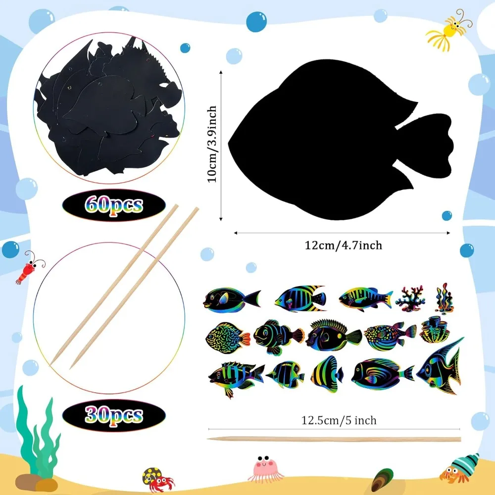 열대어 스크래치 카드 60장, 해양 스크래치 수공예품, 어린이는 바다 아래에 나무 펜을 사용합니다.