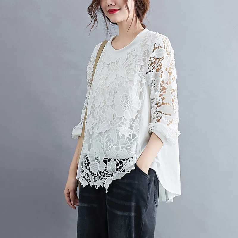 Oversized Lace T-shirt Hollowed Out Shirt Women Long Sleeve Casual Mesh Office Ladies Womens Summer Korean Style Cotton Tshirt