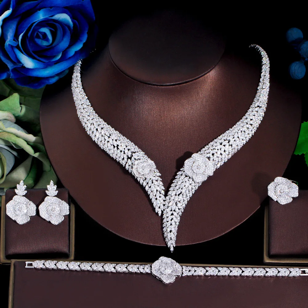 

ThreeGraces 4pcs Shiny Cubic Zirconia Dubai Nigerian Luxury Flower Wedding Bridal Jewelry Set for Women Party Accessories TZ973