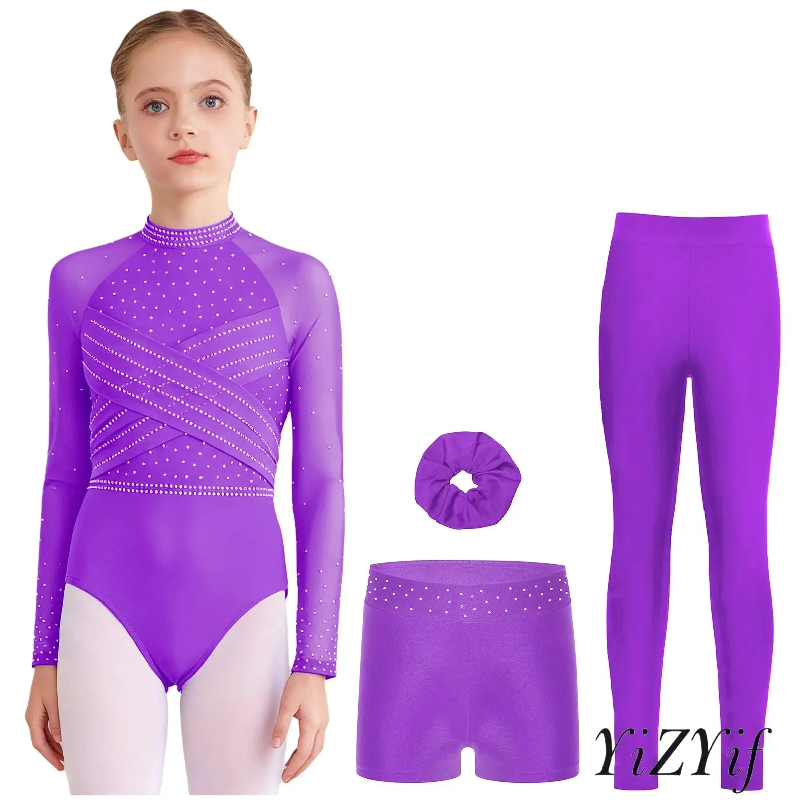 Fantasia de ginástica para meninas, 4 unidades, malha transparente, mangas compridas, collant + shorts + leggings + faixa de cabelo, roupa de dança para patinação artística