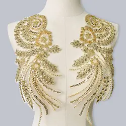 Vintage Gold Sequins Nailed Bead Patch Rhinestones Pair of Decorative Costume Stage Banquet Applique Accessories