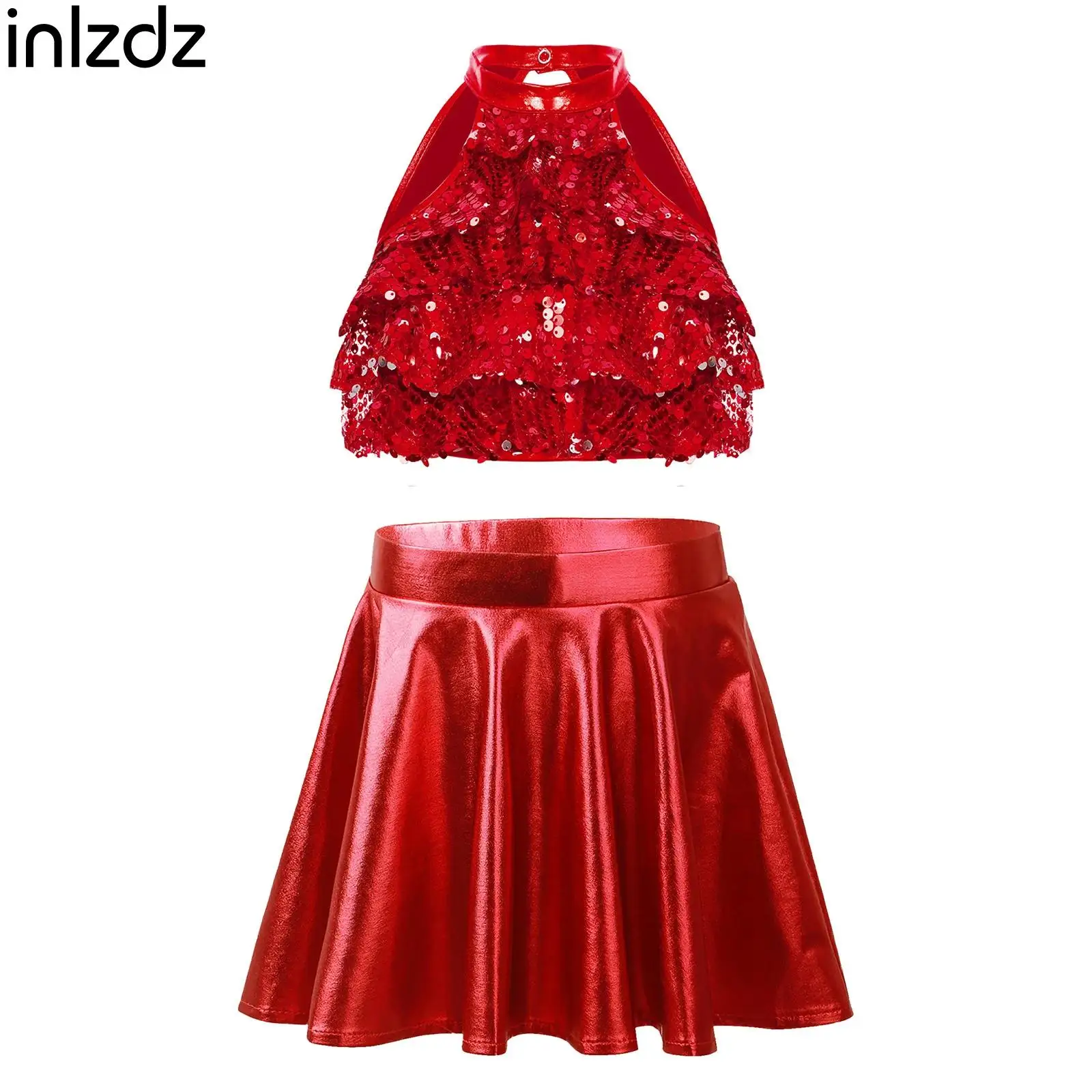 

Kids Girls Hip-Hop Jazz Dance Outfit Shiny Sequin Dancewear Sets Sleeveless Crop Top Skirt Set for Cheerleading Dance Stage Show