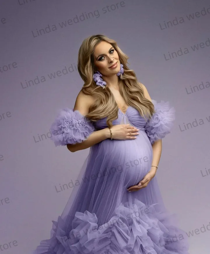 Illusion Maternity Dress for Photoshoot Pretty Lilac Purple Women Prom Dress Evening Party Gown Ruffles Pregnancy Babyshower