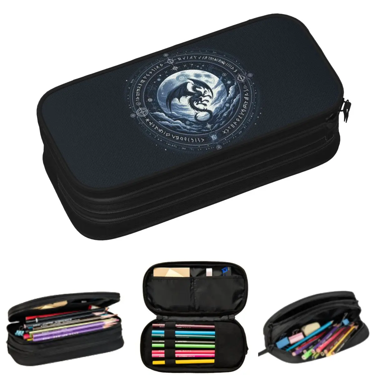 

Mysterious Silvery Dragon And The Moon Pencil Case for Studen Gifts Pen Box Pencil Bag Stationery Supplies Pen Holder Bag