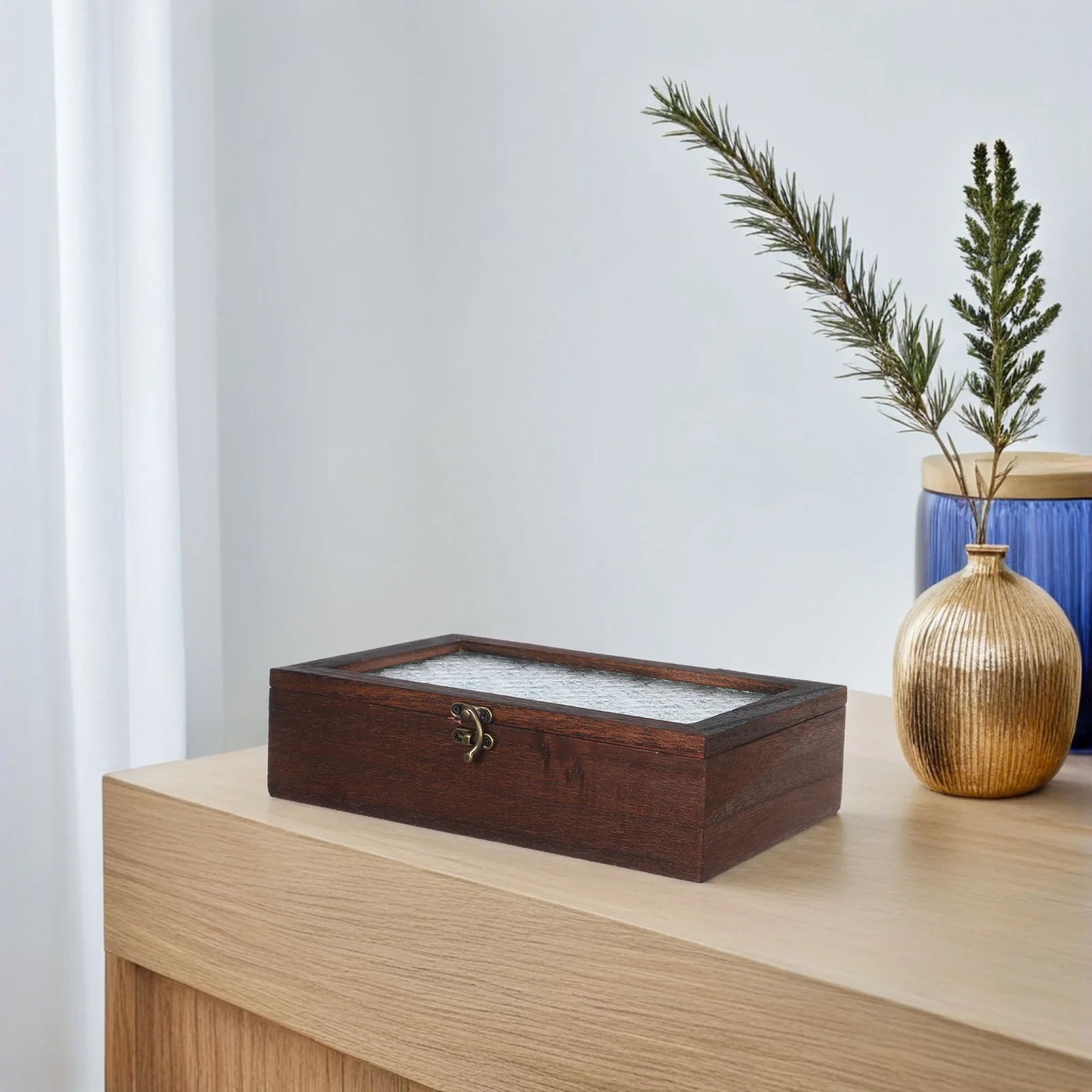 

Wood Glass Top Vintage Storage Cabinet Jewelry Display Case Floral Pattern Organizer for Keepsake Watch Bracelet Necklace